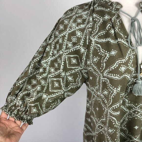 Omika NWOT Batik Linen Blend Peasant Blouse Handmade India Tassel XS Runs Larger - Picture 5 of 8